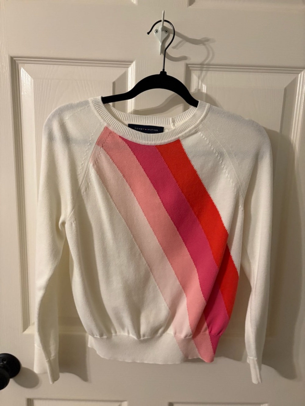 Tommy Hilfiger White Crewneck Sweater with Pink and Red Diagonal Stripes